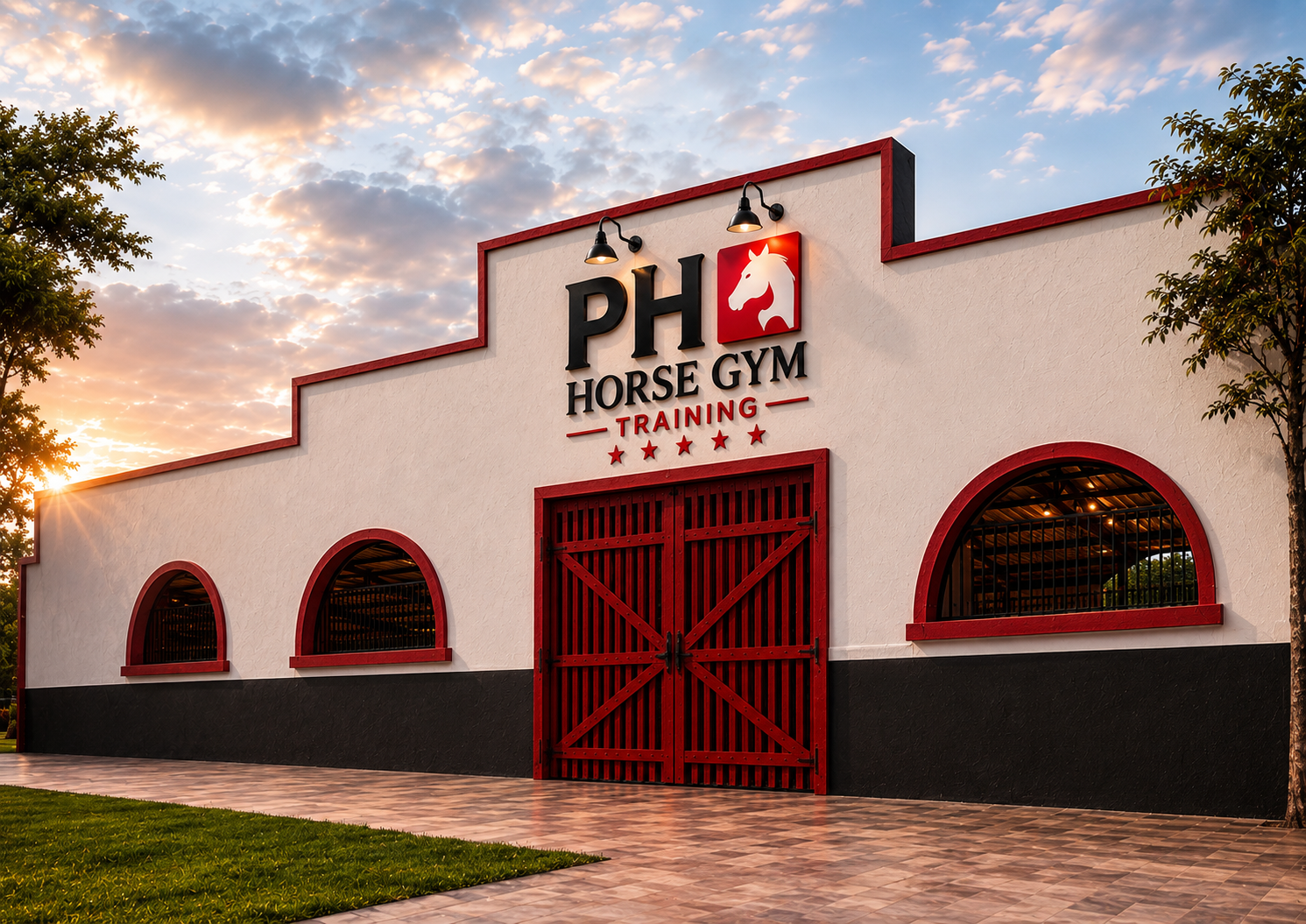 Fachada do centro de treinamento PH Horse Gym Training ao entardecer